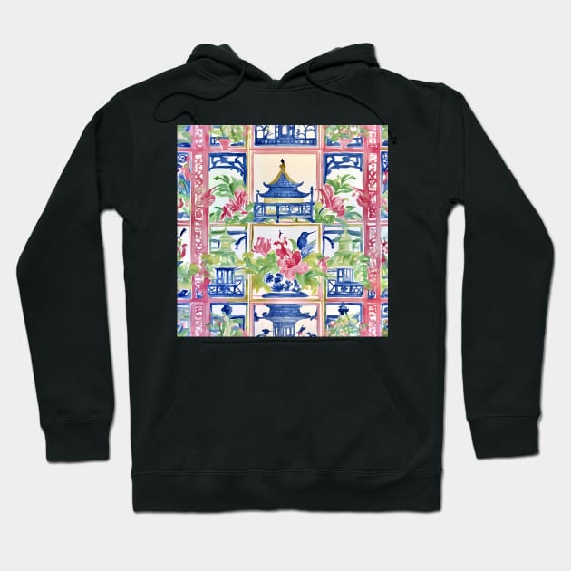 Preppy trellis chinoiserie pagodas, flowers and birds Hoodie by SophieClimaArt